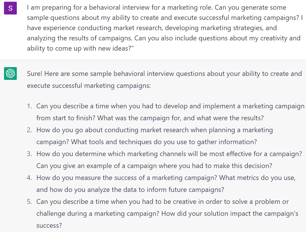 ChatGPT generating interview questions for a marketing role.